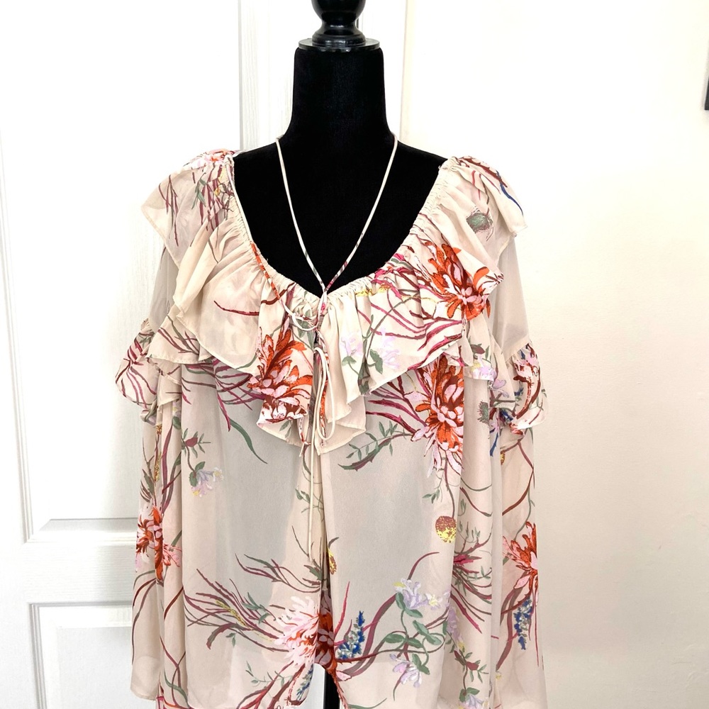 H&M Womens Floral Ruffle Long Sleeve Boho Tunic Top Size S Beige Flowy V-Neck